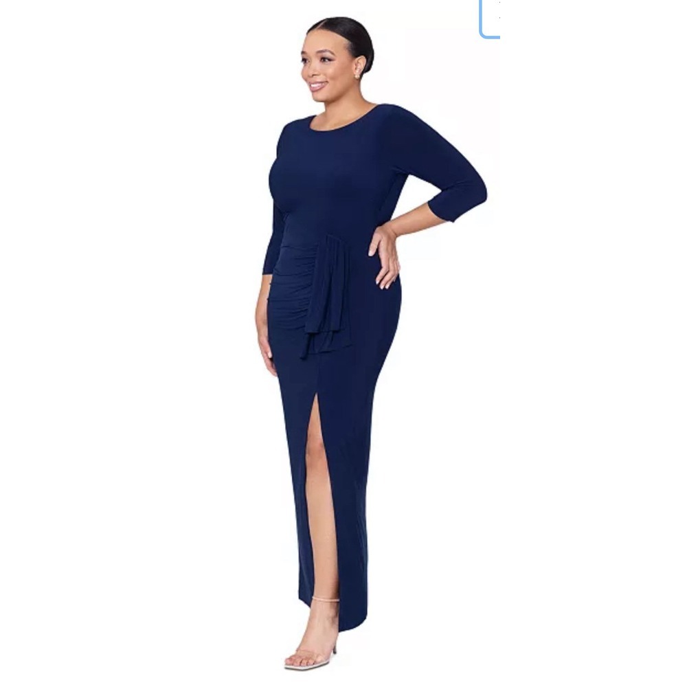 Xscape Women's Blue Ruched 3/4-Sleeve Gown Dress Plus Size 14W‎ Cocktail Formal